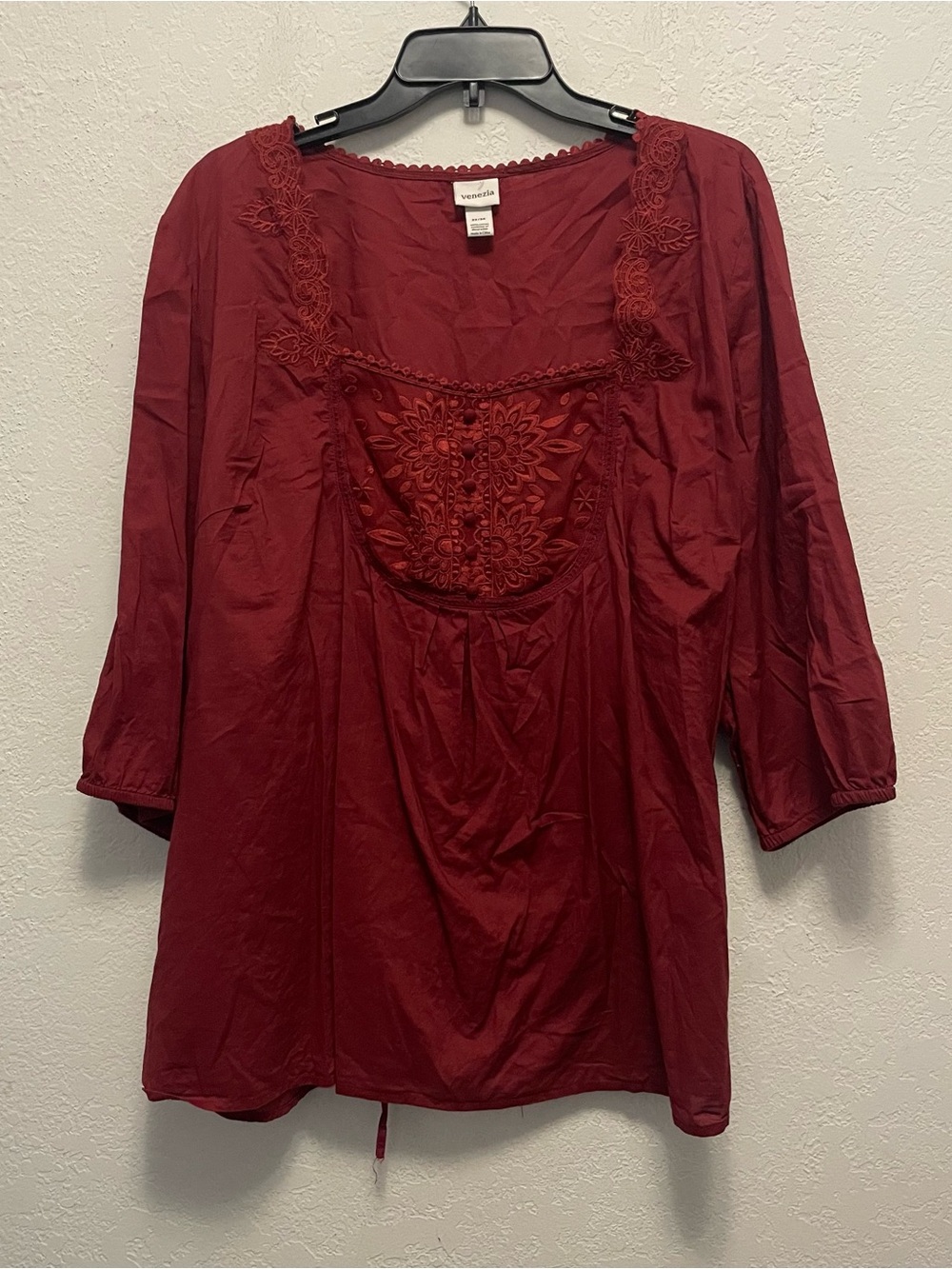 Venezia 22/24 burgundy boho peasant blouse square neckline embroidered front bib